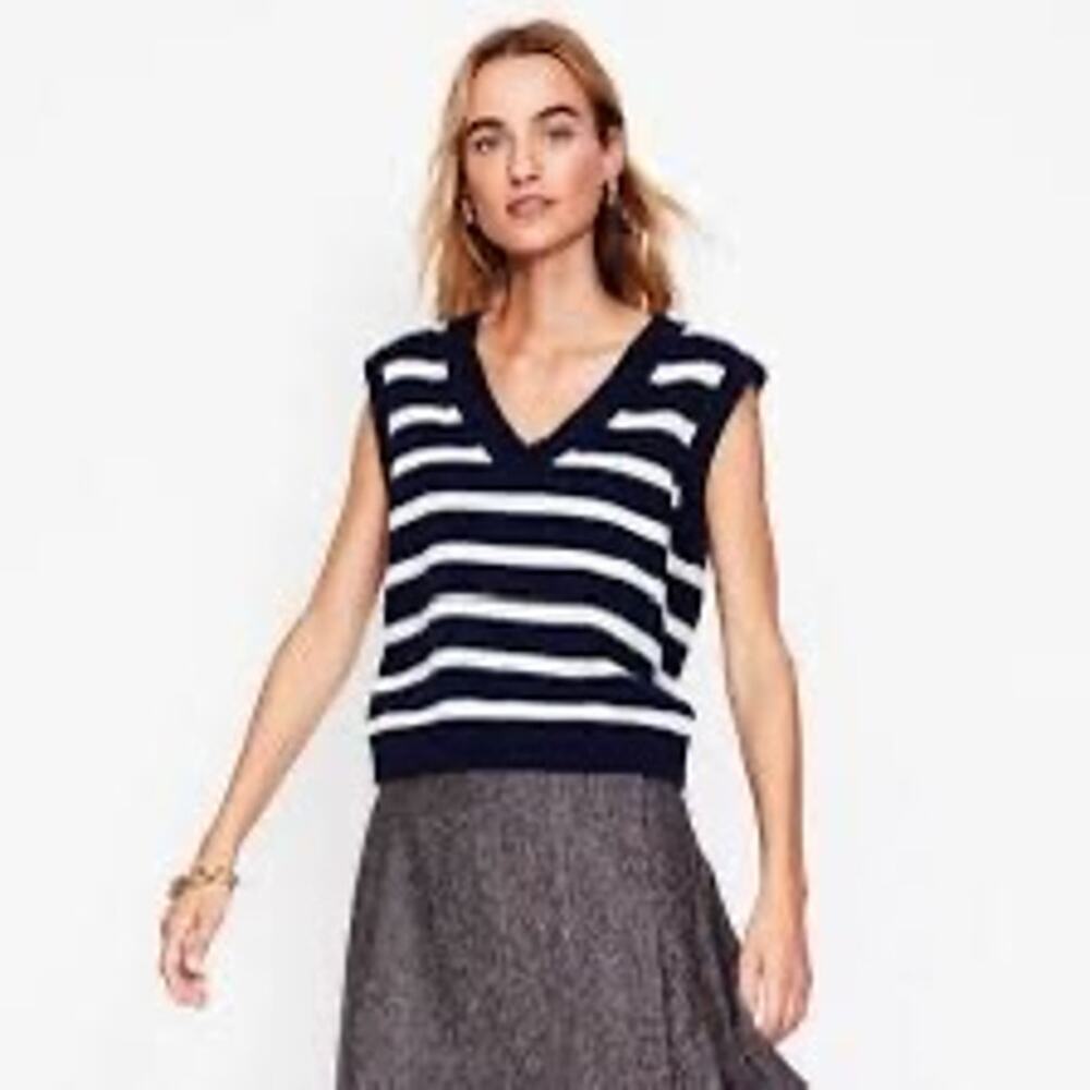 Boden Olivia Merino Striped Knit Sweater Vest in Navy and Ivory, Size Small
